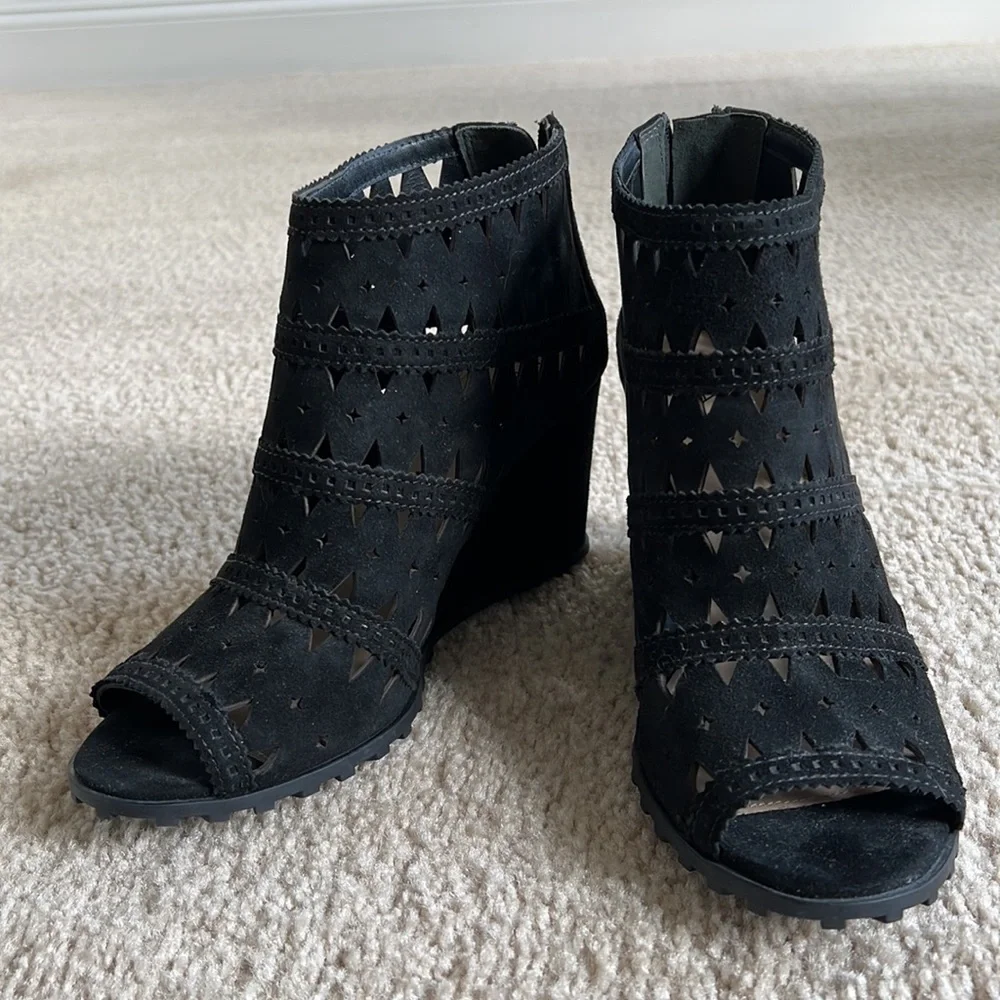 Via Spiga Black Suede Cutout Wedge Sandals